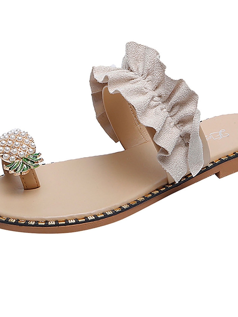 Ruffled Pearl Pineapple Toe-Loop Sandal - Beige